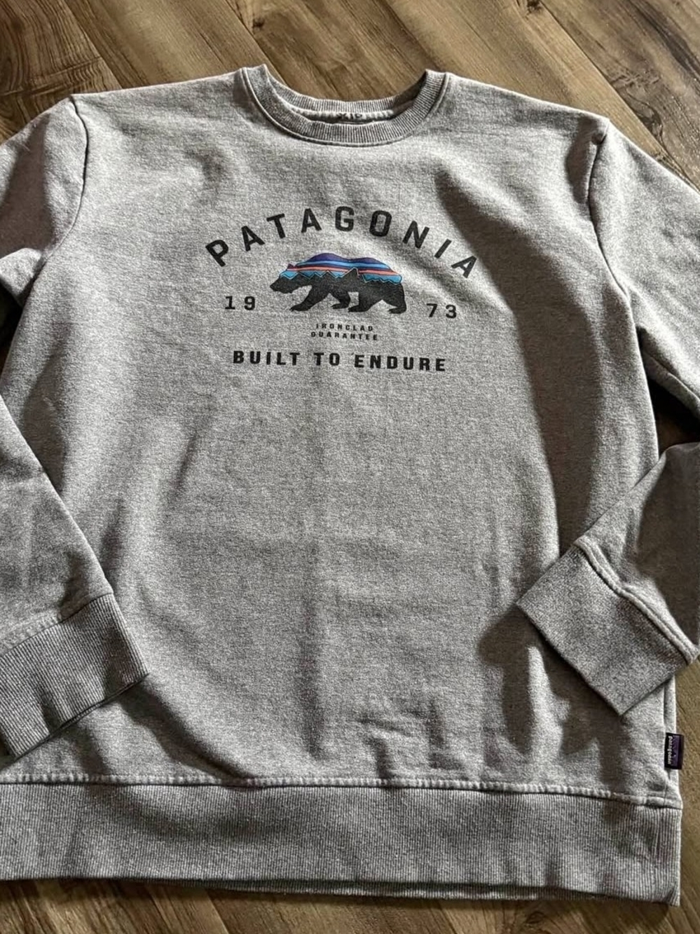 Unisex Patagonia Logo Bear "Built To Endure" Gray Sweatshirt- Medium-Like NEW